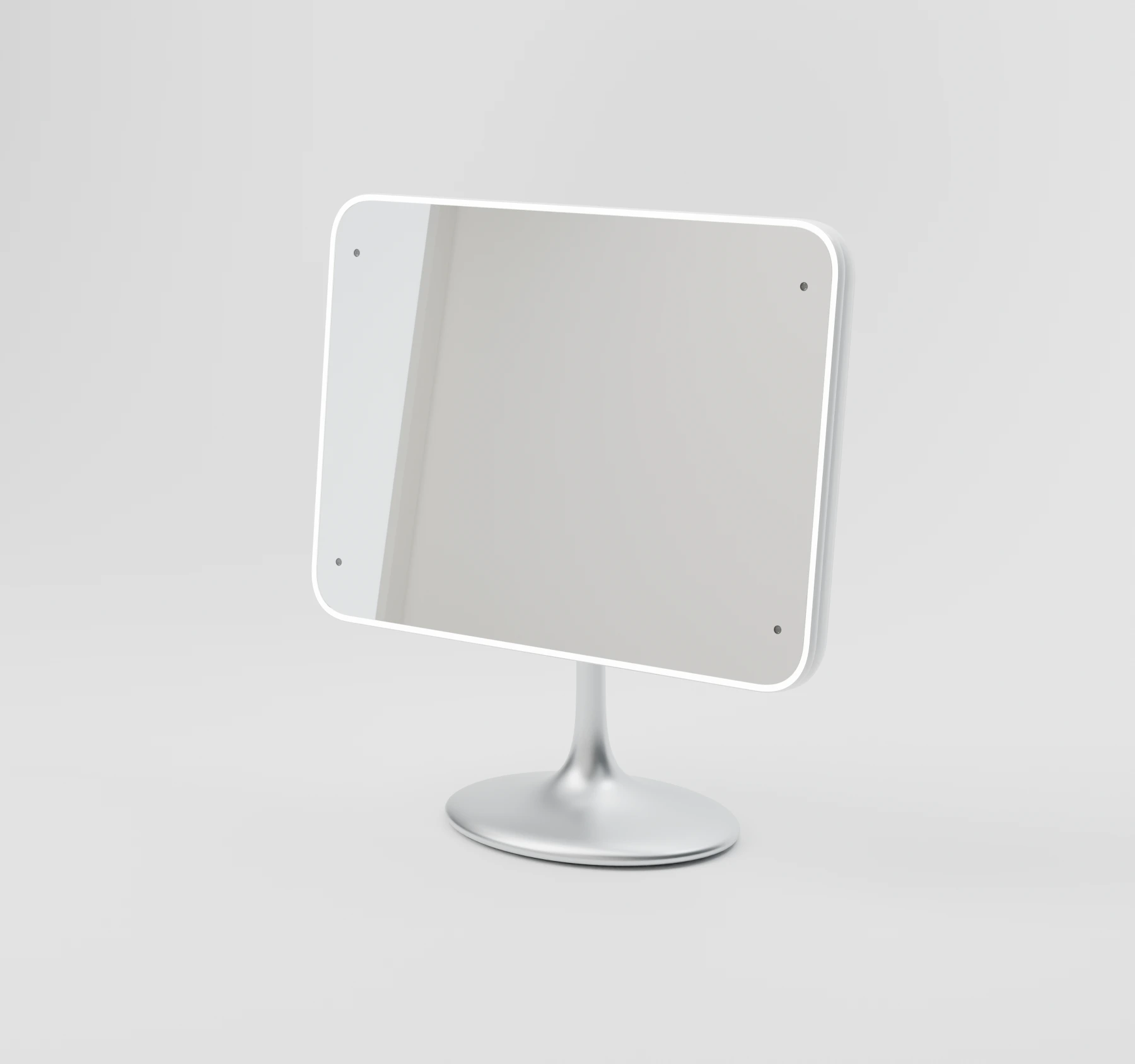Shine Mirror B01 rectangular mirror, pearl-white enclosure and satin-steel fixed pedestal