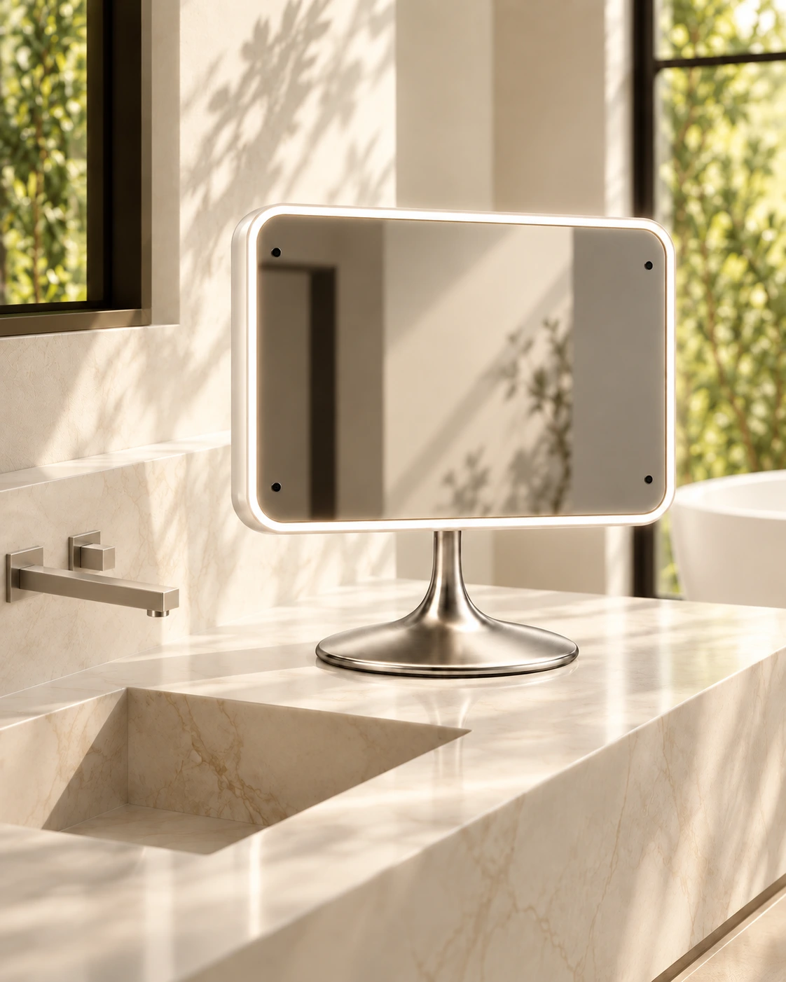 Shine Mirror on a sunlit stone bathroom vanity beside a basin, with greenery outside
