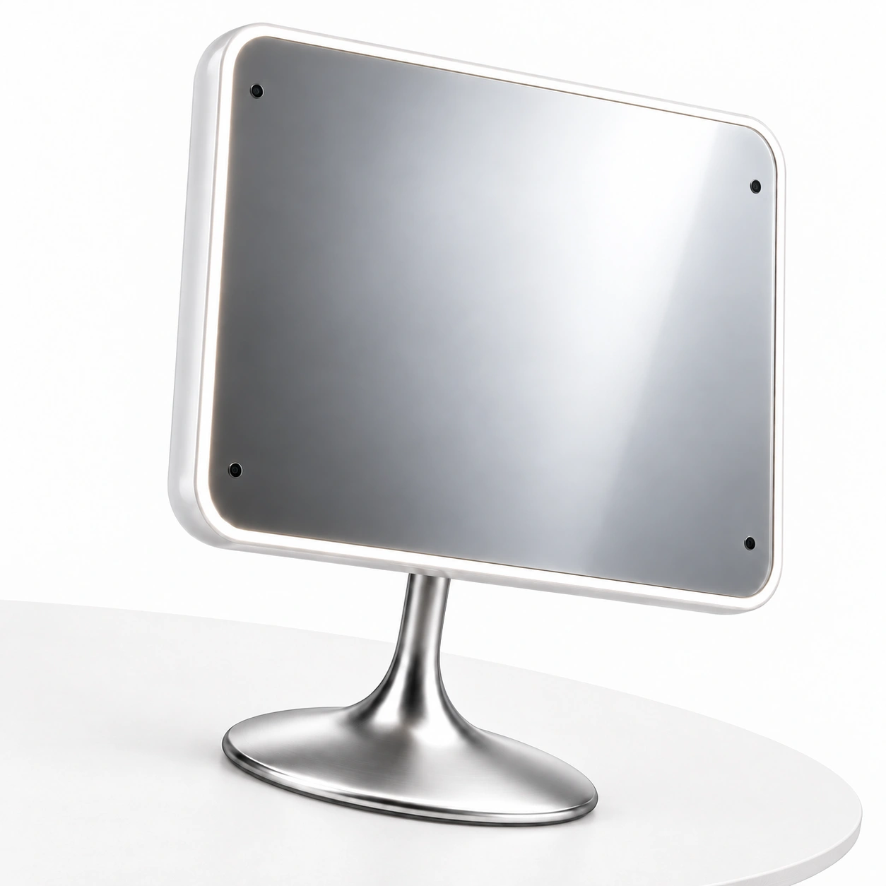 Studio view of Shine Mirror resting on a circular white table, photographed at a gentle angle, with reflective glass, a pearl-white enclosure, four discreet cameras and brushed stainless-steel pedestal